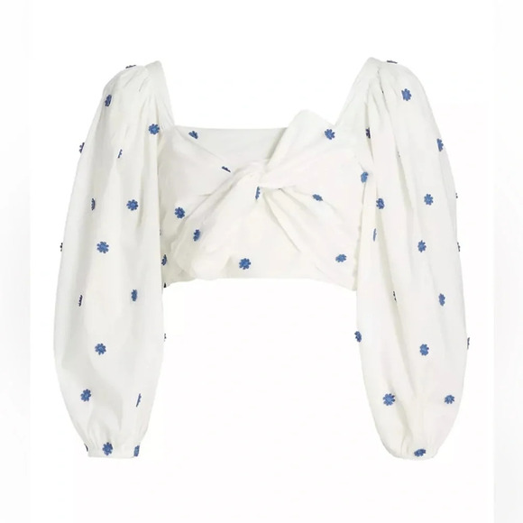 Farm Rio Embroidered Floral Crop Top White Navy Puff Twist Front - Picture 4 of 7